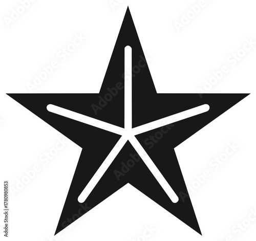 Modern Minimalist Five Pointed Black Star Icon with White Inner Lines Pattern