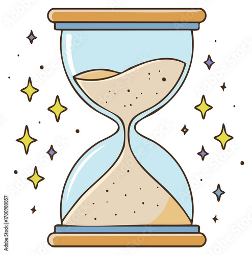 Hourglass sand timer passing sand with glitter stars around concept illustration