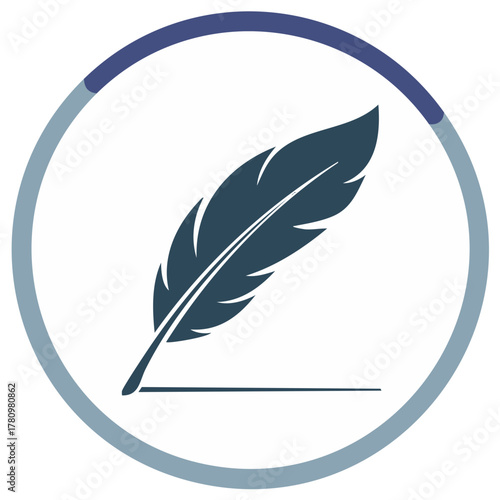 A dark blue quill pen poised above a line within a circular frame with two colored borders