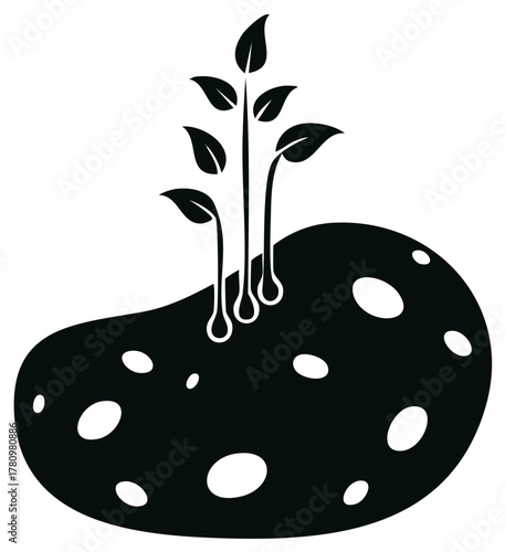 Black silhouette icon of a potato sprouting new leaves and roots representing agriculture and growth