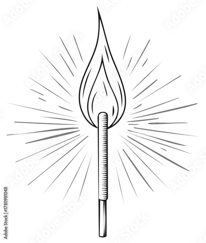 Line Drawing of a Burning Match with Radial Burst Effect