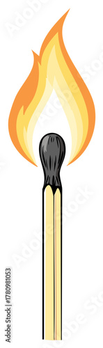 Close up of a lit wooden match with a bright orange and yellow flame