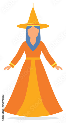 Graphic illustration of a woman in an orange gown and pointed witch hat for Halloween or cosplay event