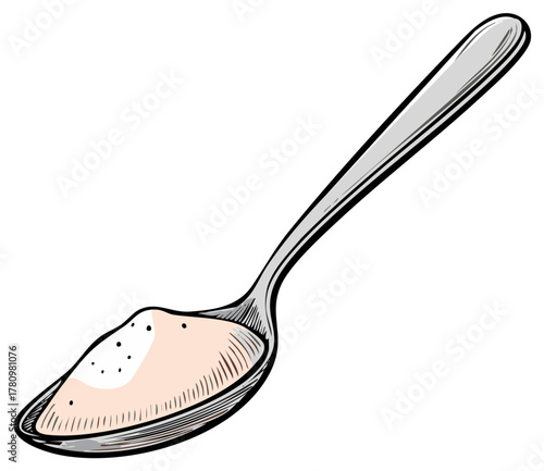 Metallic Spoon with Powdery Substance, Cooking Ingredient, Sketch Style Illustration