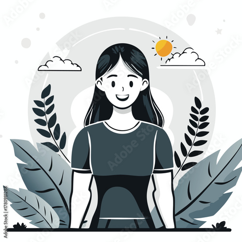 Young Girl Standing Among Large Leaves Under A Bright Sun And Fluffy Clouds In A Serene Outdoor Botanical Scene