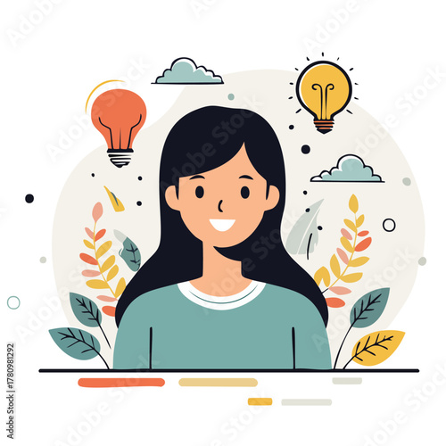 Smiling Woman in Teal Shirt Surrounded by Leaves and Distant Light Bulbs, Creative Thought Illustration Background Elements
