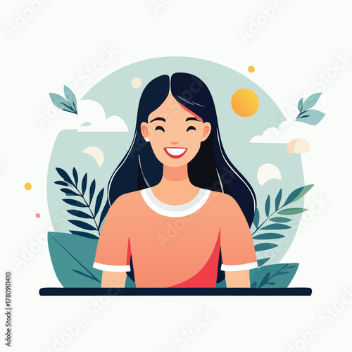 Portrait Of A Smiling Woman With Long Dark Hair In A Bright Garden Amid Greenery And Sunlit Sky