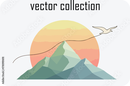 Serene mountain sunrise vector art a bird soars freely across a gradient sky