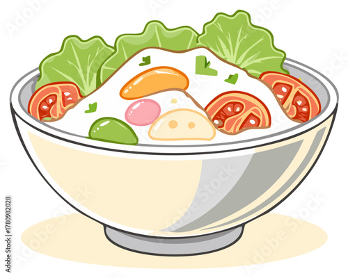Delicious cartoon soup with fresh tomatoes, green lettuce, and colorful garnish served in a bowl.