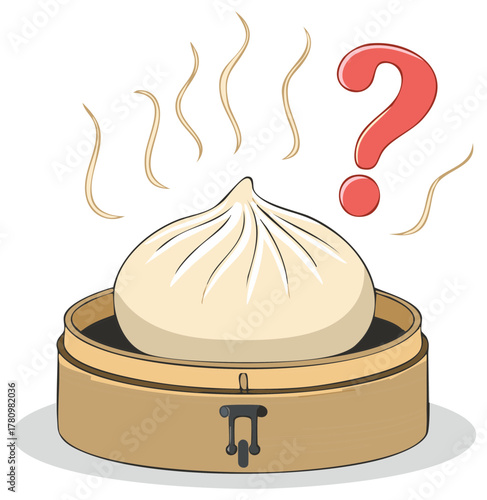 Illustrated Steamed Baozi Bun in a Dim Sum Basket with a Question Mark Symbol