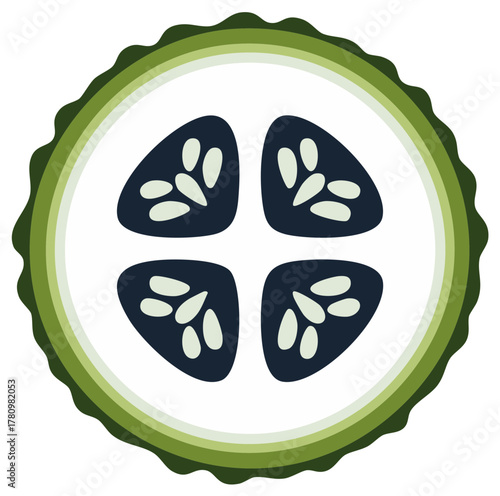 Abstract graphic design of a stylized cucumber slice with green rind and seeds