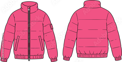 Pink puffer jacket, front and back view, quilted outerwear, winter fashion, technical sketch, sleeve pocket, elastic hem, zipper