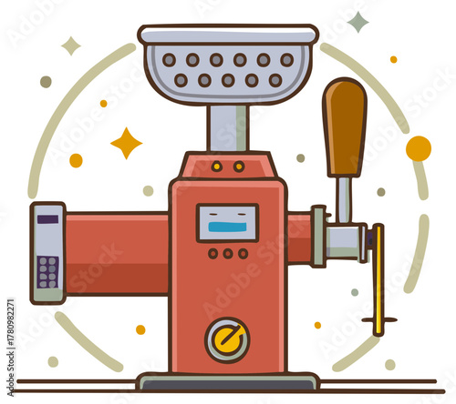 Modern red meat grinder with digital display and crank handle against a white backdrop