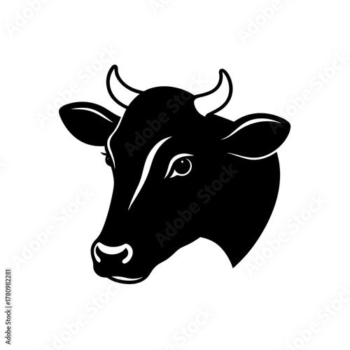 Stylized black cow head with horns, simple vector silhouette
