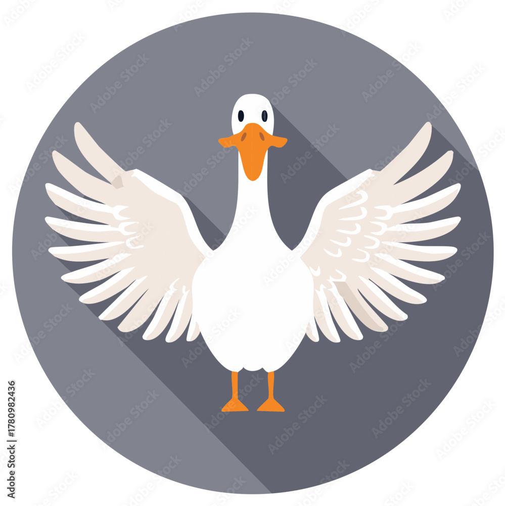 Obraz premium Stylized White Goose Spreading Wings with Orange Beak in Gray Circle, Bird Illustration