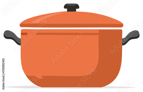 Orange cooking pot with lid, handle, and knob for kitchen illustration.