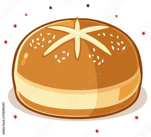 Cartoon illustration of a delicious pretzel bun with sesame seeds and star-shaped decorations.
