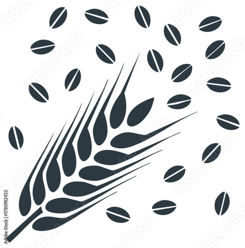 Minimalist vector icon of a wheat ear and scattered grains for agriculture and bakery concepts