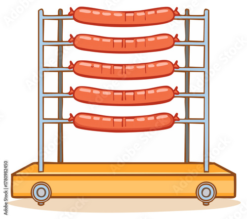 Illustration of five plump sausages displayed on a metal rack with wheels