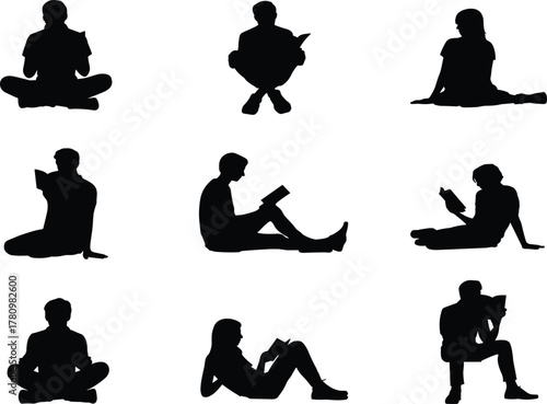 Reading silhouette, seated pose, black graphic, vector illustration, book lover, relaxed posture, study moment, quiet activity, education, contemplationReading silhouette,