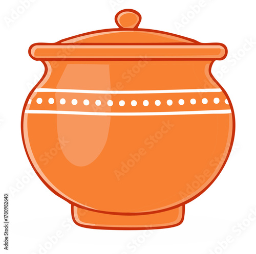 Orange ceramic pot with lid, decorative white dots and stripes, isolated illustration