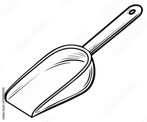 Illustration of a black and white scoop with a handle, isolated
