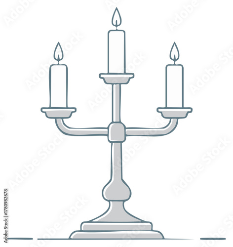 Candelabrum with three burning candles in cartoon style. Isolated Vector illustration of a classic silver candelabra stand lighting