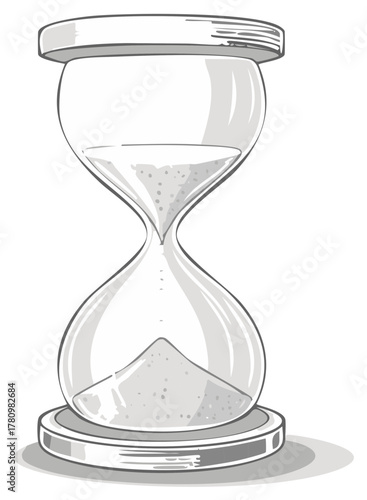 Illustration of an hourglass with sand flowing from top to bottom on a white background.