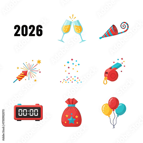 Celebrating New Year 2026: Festive icons symbolizing joy and anticipation for a bright future