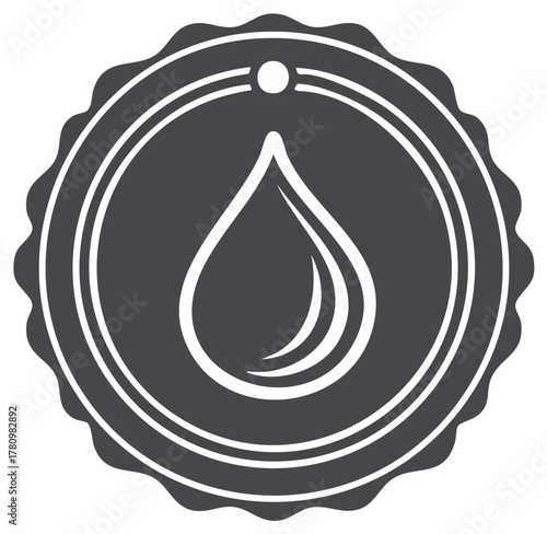 Dark gray circular emblem with white wavy border and droplet icon symbolizing water or liquid