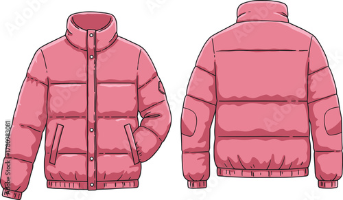 Pink pufinsulated coat, front back view, sleeve patch, stylish warm clothing, apparel design