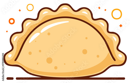 Stylized illustration of a golden empanada with a wavy edge and decorative elements