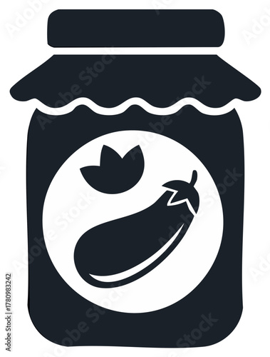 Dark Silhouette of a Jar with Eggplant and Leaf Illustration for Food Preservation
