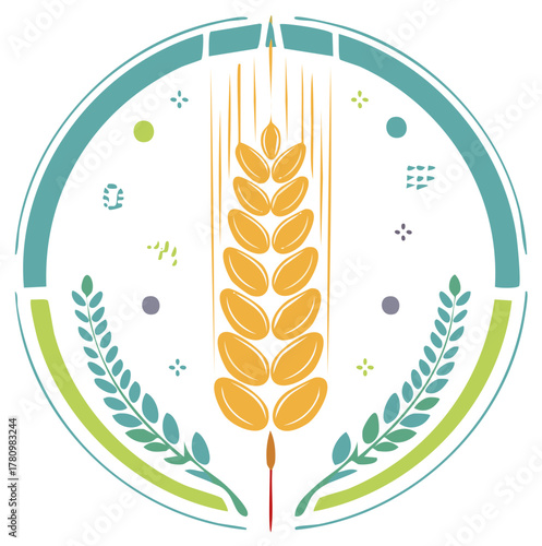 Modern agricultural emblem with a stylized golden wheat stalk in a decorative circle.