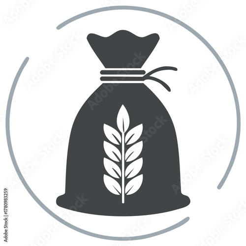 Wheat sheaf and burlap sack illustration within a circular frame