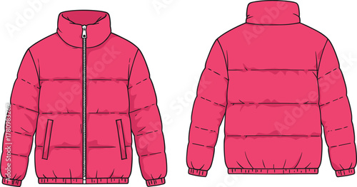 Pink puffer jacket, quilted outerwear, winter fashion, insulated coat, high collar, front zipper, elastic cuffs, cozy style, trendy apparel
