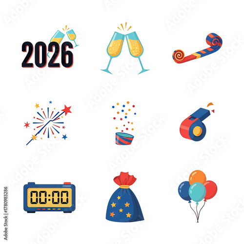 Celebration anticipations: Vector graphics showcase vibrant elements heralding new year 2026 revelry