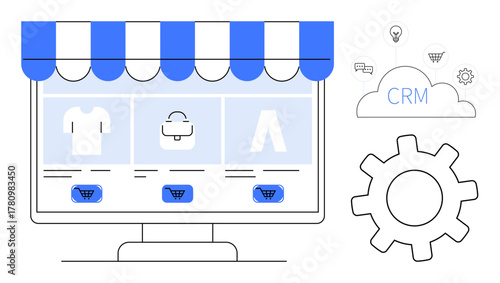 Computer screen displaying online store with products and carts. CRM cloud, gear, and icons symbolize business integration, data workflow, and online shopping. Ideal for retail, CRM, automation