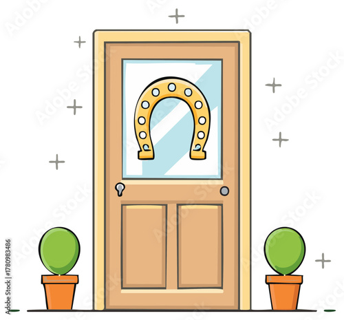 Closed wooden door with a horseshoe in the glass panel and potted plants.