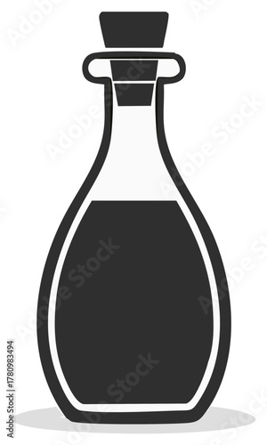Vintage style oil bottle with cork, graphic illustration of glass container filled with dark liquid