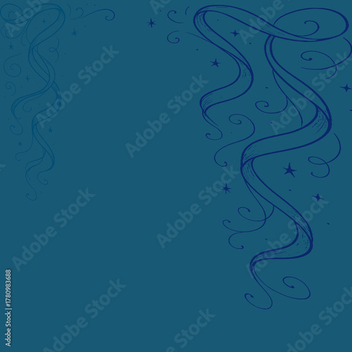 Blue Border Swirl Background Elegant hand-drawn swirl and star border design on a deep blue background, perfect for invitations, stationery, or magical themed graphics. 