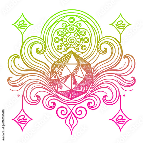 Rainbow Crystal Energy Symbol Vibrant sacred-geometry crystal surrounded by swirling lines and symbolic shapes. Gradient neon colors create a magical and energetic fantasy aesthetic.