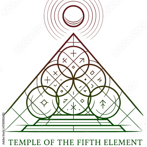 Temple of the Fifth Element Sacred-geometry inspired pyramid with interlocking circles, elemental glyphs, and radiating celestial rings. Minimalist mystical line artwork.
