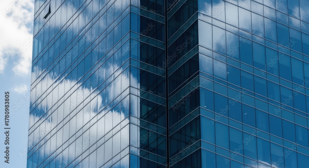 Obraz premium Modern glass skyscraper reflecting clouds in urban skyline