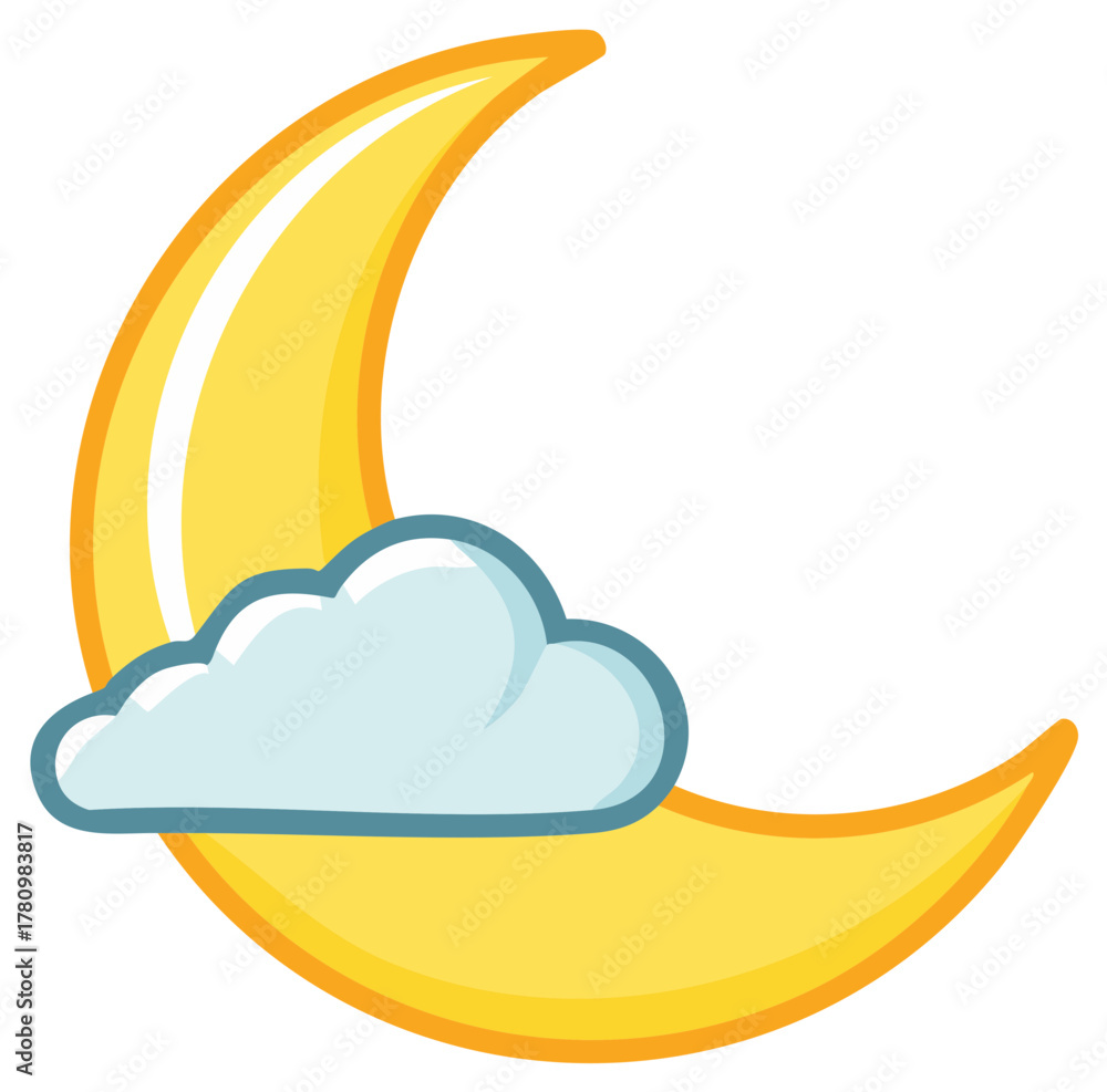 Naklejka premium Cartoon crescent moon with cloud at night; Dreamy celestial illustration of astronomy and sleep