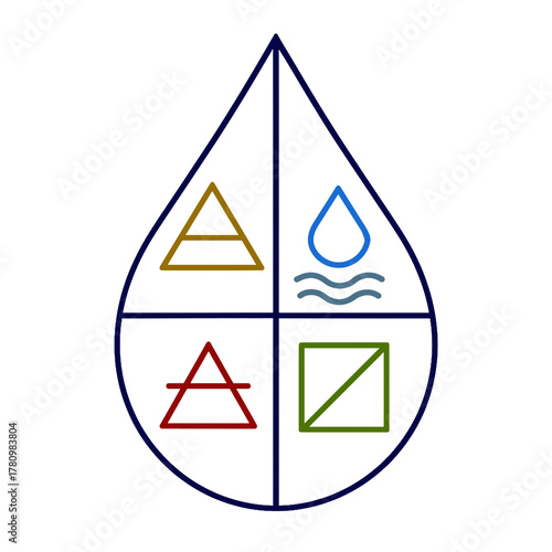 Four Elements Drop Icon Minimalist emblem representing earth, air, fire, and water inside a teardrop shape. Clean geometric lines for spiritual, elemental, or educational themes.