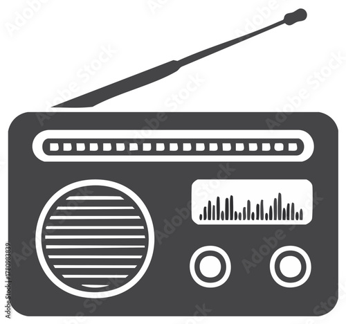 Vintage analog radio illustration, classic receiver design, black and white graphic icon for broadcasting music or news, minimalist art