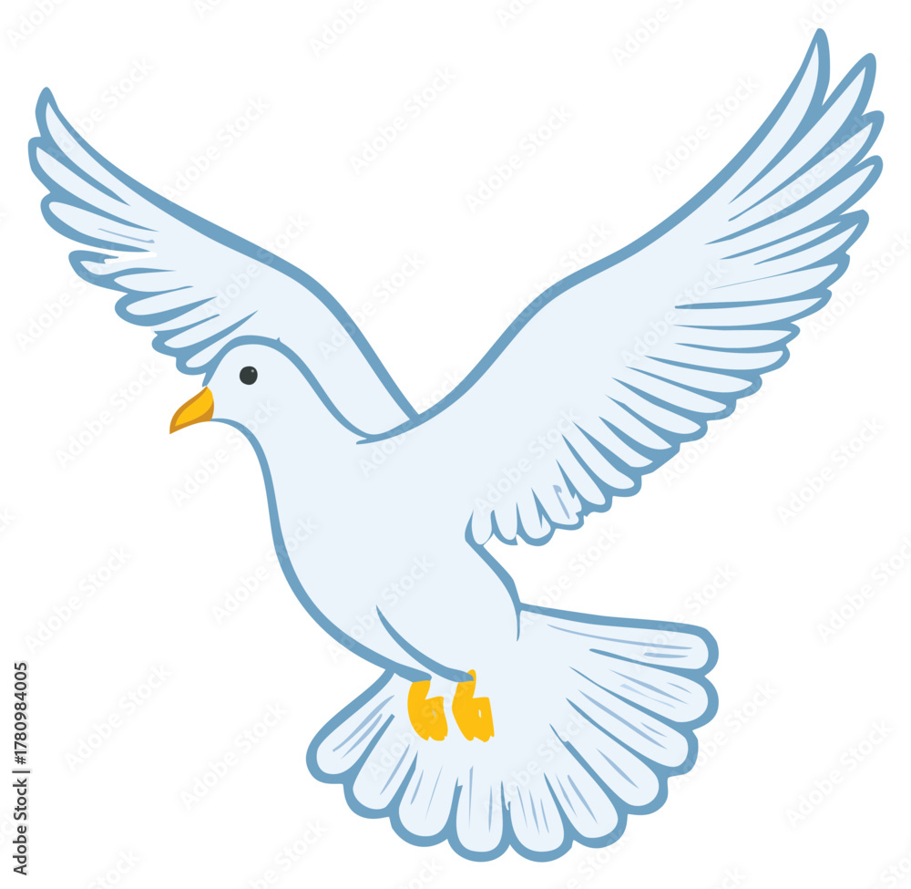 Obraz premium Flying white dove with outstretched wings, cartoon style, symbol of peace and freedom.