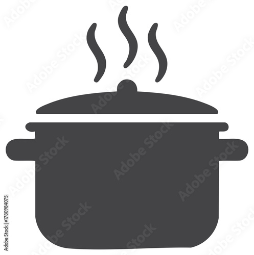Cooking pot icon with steam graphic element for food preparation concepts.
