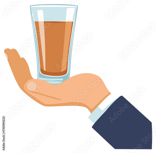 Hand holding glass with brown liquid, offering a refreshing beverage service
